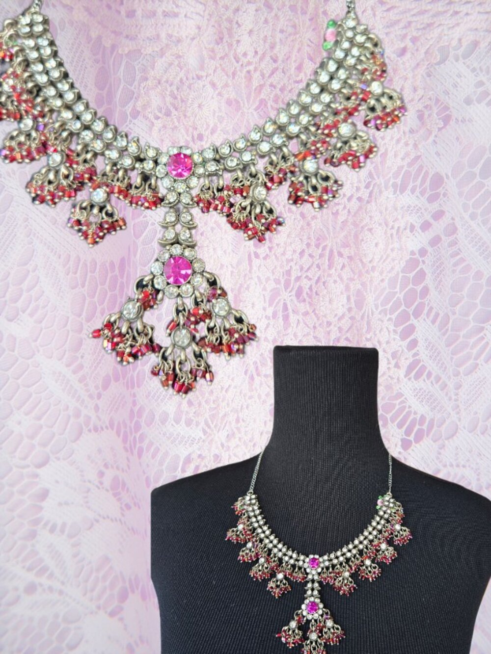 Beautiful Intricate Vintage-Style Silver and Lilac-Pink Necklace Fairycore